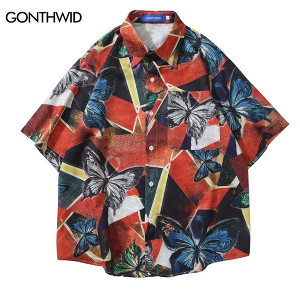 2023 Hawaiian Shirt Hip Hop Cartoon Butterfly Print Beach Shirts Men Harajuku Summer Casual Loose Short Sleeve Button Down Shirt