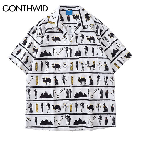 2023 Hawaiian Shirts Streetwear Harajuku Vintage Egyptian Print Short Sleeve Blouse Shirt Men Summer Casual Button Shirt