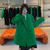 2023  Double Breasted Green Blazer Coat Women Casual Loose Long Sleeve Flap Pockets Outerwear Chic Suit Jacket