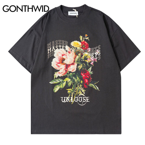 2023 Hip Hop Oversized T Shirt Streetwear Vintage Flowers Graphic Print Cotton Tee Men Harajuku Casual Loose Short Sleeve Tshirt