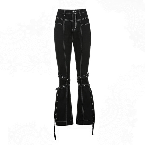 2023 Hip Hop Women Y2K Flare Jeans Black Punk Harajuku Gothic Bandage Baggy Jeans Cargo Emo Grunge High Waist Rivet Trousers 90s