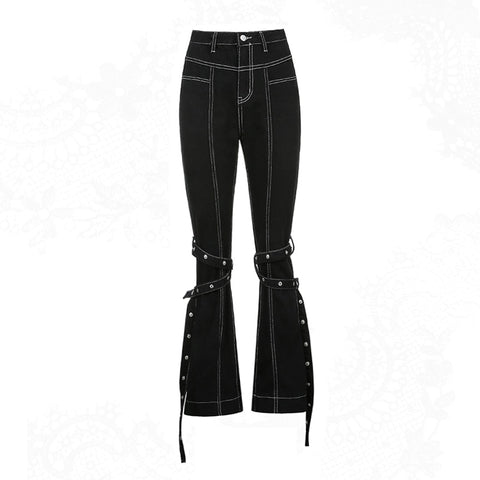 2023 Hip Hop Women Y2K Flare Jeans Black Punk Harajuku Gothic Bandage Baggy Jeans Cargo Emo Grunge High Waist Rivet Trousers 90s
