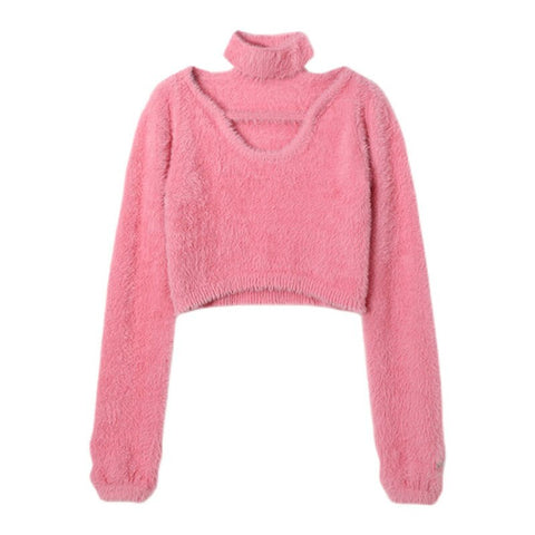 2023 Hollowed Out Pink Crop Top Knitwear Long Sleeve Female Clothing Casual Pullover Sexy Sweater Women Aesthetic Y2k Tops 90s