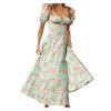 2023 Floral Summer Dress Green Women Short Sleeve Square Collar Prairie Chic Wrap Dress Long Side Split Pleats Print Dresses