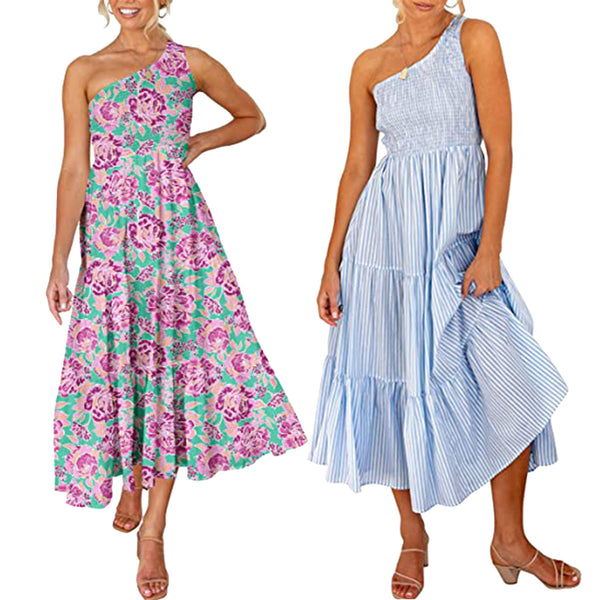 2023 Printed Maxi Dresses Bohemian Sexy One Shoulder Sundress Women Causal Halter Summer Beach Dress Asymmetric Long Dresses