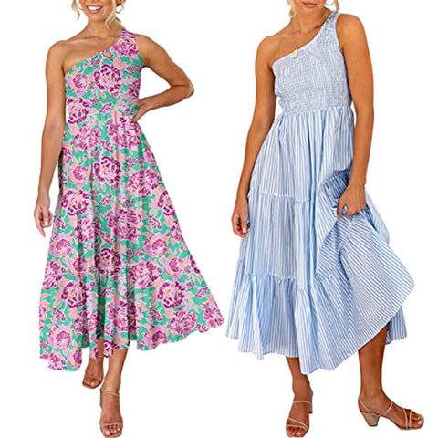 2023 Printed Maxi Dresses Bohemian Sexy One Shoulder Sundress Women Causal Halter Summer Beach Dress Asymmetric Long Dresses