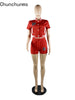 2023 Summer Sporty Button Thread Letter Printed Baseball Jacket Shorts 2 Piece Woman Set Fitness Short Sleeve Tops Pant
