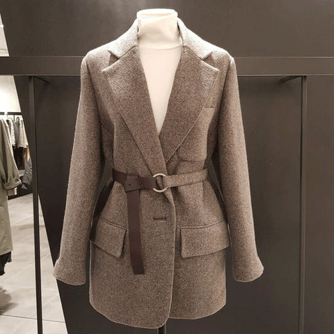 2023 Korean Autumn Wool Blazer Mujer Casacos Feminino Clothes Women Vintage 1 Belt Suits Coat Winter Jackets Female SLD4