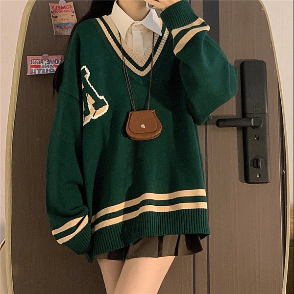 2023 Korean College Style Striped Oversize Sweater Y2k Women Harajuku Harajuku Long Sleeve Pull Femme Blusas Jumper Sueter Mujer