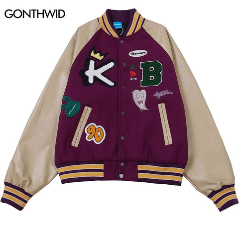2023 Men Vintage Baseball Bomber Jacket Streetwear Hip Hop Embroidery Leather Color Block Patchwork Jackets Autumn Casual Coats