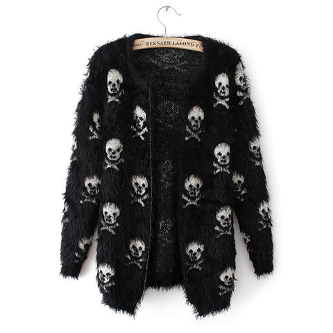 2023 Mohair Skulls Printing Black Cardigans Female Y2k Harajuku Outwear Short Grunge Jumpers Emo Alt Knitted Womens Sweater 90s