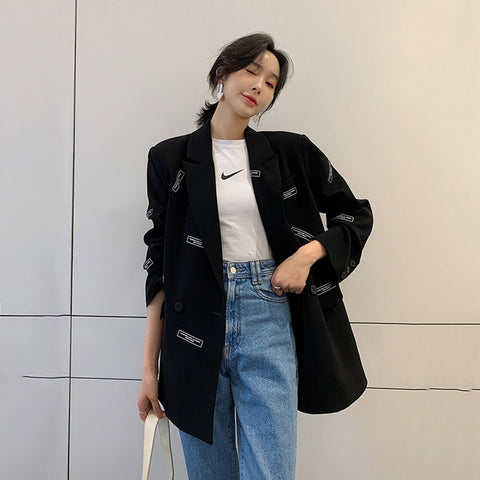 2023 Autumn England Style Print Design Suit Jacket Black White Blazer For Women Korean Spring Loose Women Blazers