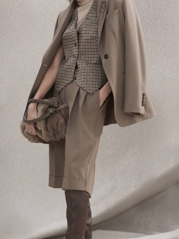 2023 Bead Chain Decoration Brooch Single Button Long-sleeved Suit Jacket Mid-length Pleated Suit Pants