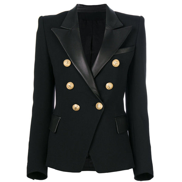 2023 Blazer Black Women Gold Lion Double Breasted Button Leather Splicing Collar Elegant Blazer Jacket Suit