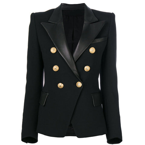 2023 Blazer Black Women Gold Lion Double Breasted Button Leather Splicing Collar Elegant Blazer Jacket Suit