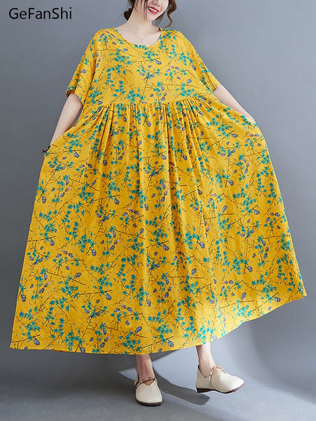 2023 Cotton Spring Summer Women Dress Loose Print Casual Short Sleeve Dress Elegant Long Dresses Robe Large Size