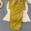 2023 Dress V-neck Long Sleeves Waist Fold MIDI Elegant Sexy Women's Yellow Black Green Evening Dress
