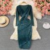 2023 Dress V-neck Long Sleeves Waist Fold MIDI Elegant Sexy Women's Yellow Black Green Evening Dress