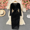 2023 Dress V-neck Long Sleeves Waist Fold MIDI Elegant Sexy Women's Yellow Black Green Evening Dress