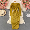 2023 Dress V-neck Long Sleeves Waist Fold MIDI Elegant Sexy Women's Yellow Black Green Evening Dress