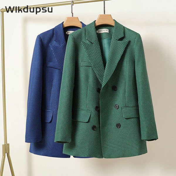 2023 Autumn Winter Blazer Long Sleeve Vintage Plaid Suit Jacket Outerwear Office Ladies Casual Green Blue Coat Tops