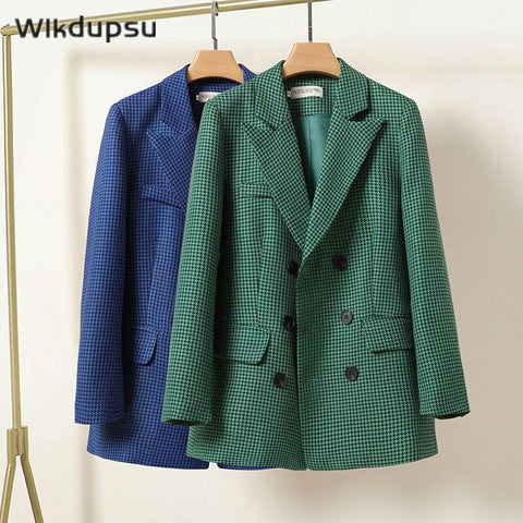 2023 Autumn Winter Blazer Long Sleeve Vintage Plaid Suit Jacket Outerwear Office Ladies Casual Green Blue Coat Tops