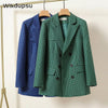 2023 Autumn Winter Blazer Long Sleeve Vintage Plaid Suit Jacket Outerwear Office Ladies Casual Green Blue Coat Tops