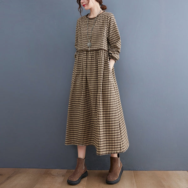 2023 Plaid Patchwork Lace Long Sleeve Spring Dress Cotton Linen Office Lady Work Dress Women Casual Midi Dress