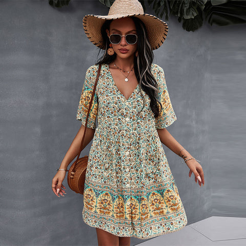 2023 Floral Print Summer Short Dress Women Casual V Neck Bohemian Short Sleeve Dress For Woman Sexy Spring Dress