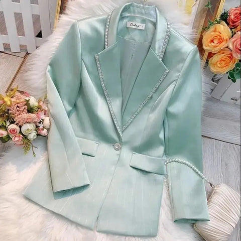 2023 Size 3XL Women's Spring Autumn Jacket Diamond-Studded bright Silk Satin Coat Slim High-End Blazer Women Vintage White