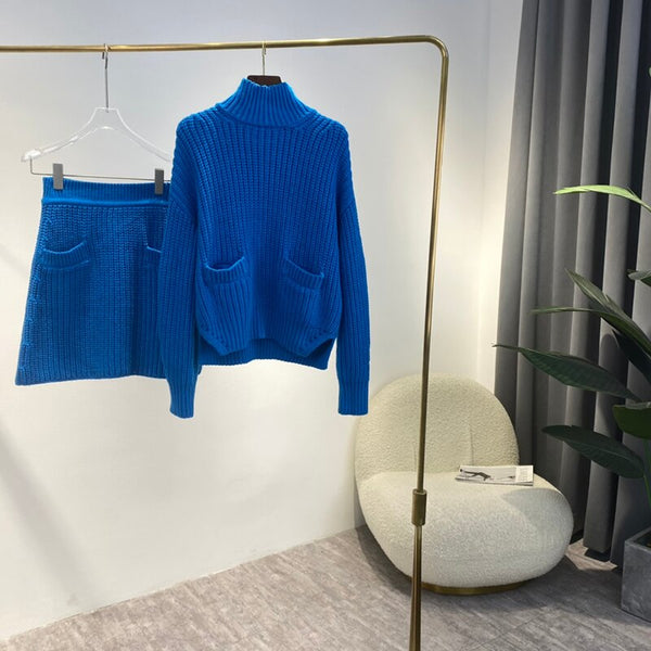 2023 Spring Autumn  Klein Light Blue Long Sleeve Knit Sweaters Pullovers and Skirts Set