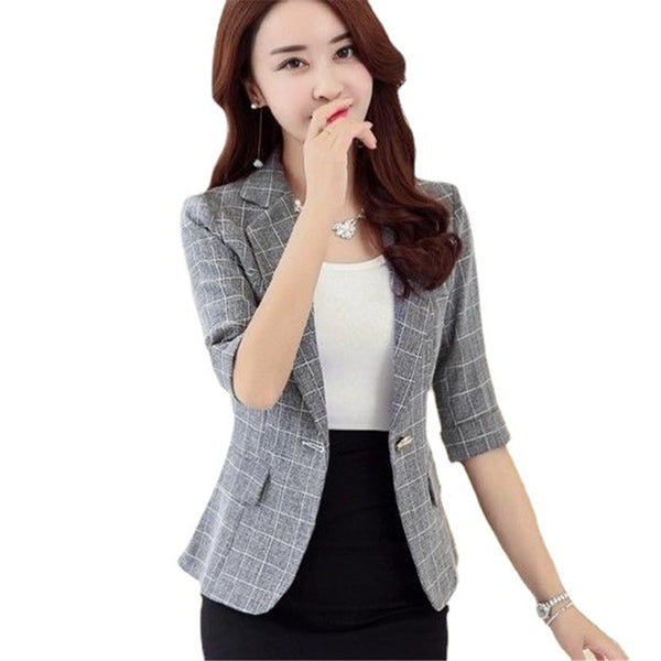 2023 Spring Summer Blazers Jackets Slim Ladies Suit Outwear Korean Lattice 3/4 Sleeve Women Short Business Coats Casual Tops