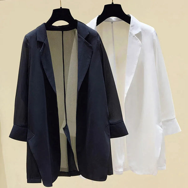 2023 Spring Three Quarter Chiffon Blazer Women Summer Elegant Thin Jakcet Coat Female Suit in Black White Gray Plus Size