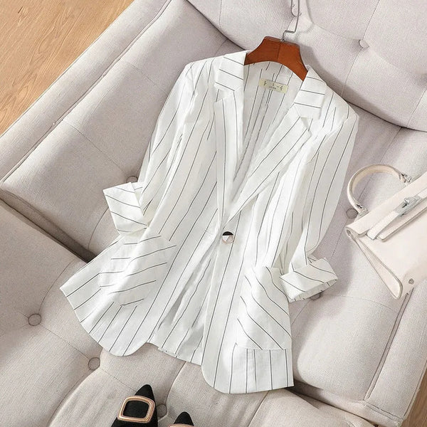 2023 Summer Women Blazer Notched Collar Jacket Casual Korean Suit Coat Stripe Loose Office Lady Blazers Outerwear