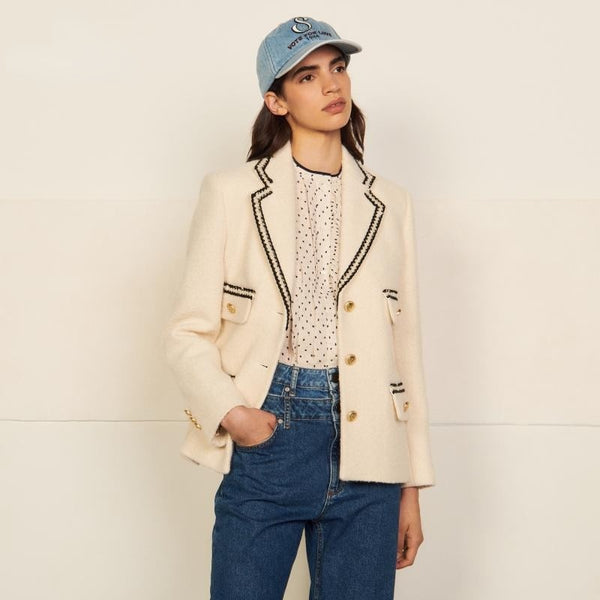 2023 Tweed Striped Bright Line Clashing Double-breasted Lapels Blazers for Woman with Pockets France Pairs Brand Sand