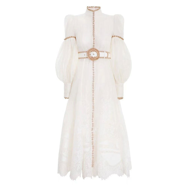 2023 Vintage Style Long Lantern Sleeve Women Silk Linen White Maxi Long Dress