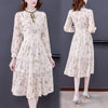 2023 White Print Chiffon Ruffled Collar Midi Dress Summer Boho Light Beach Dress Women Korean Elegant Bodycon Dress