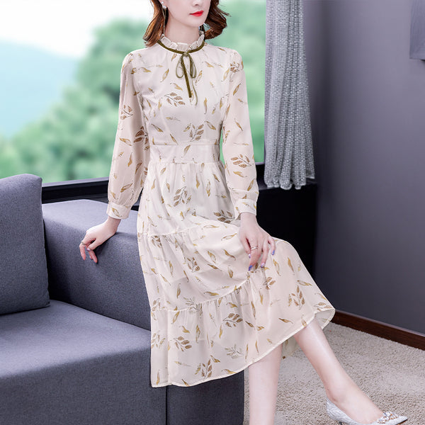 2023 White Print Chiffon Ruffled Collar Midi Dress Summer Boho Light Beach Dress Women Korean Elegant Bodycon Dress
