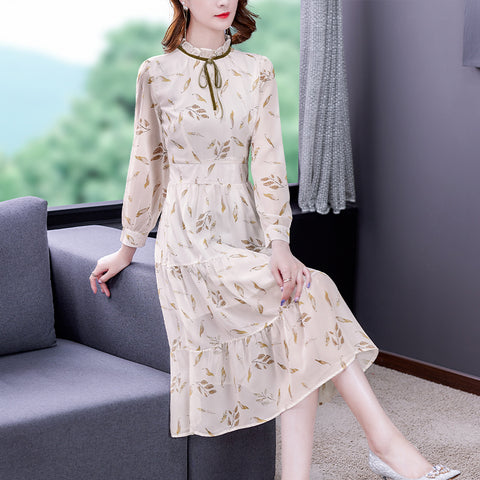 2023 White Print Chiffon Ruffled Collar Midi Dress Summer Boho Light Beach Dress Women Korean Elegant Bodycon Dress