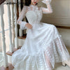 2023 Woman's Dress White Lace Patchwork Long Sleeve Sweet Casual Maxi Dress Female Party Autumn Vestido Beading Button