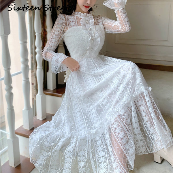 2023 Woman's Dress White Lace Patchwork Long Sleeve Sweet Casual Maxi Dress Female Party Autumn Vestido Beading Button