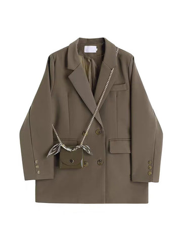 2023 Women Brown Pocket Blazer Lapel Long Sleeve Loose Fit Jacket Tide Spring Autumn Suit Coat