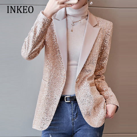 2023 collection women's sequin blazer suits Elegant Single button jacket basic coat Club Fall Clothes INKEO 2O150