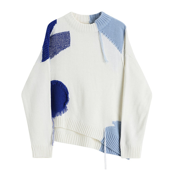 2023 Patchwork Women's Tassel Sweater Irregular Hem Contrast Color Retro Streetwear Korean Style Rib Ins Knitwear Knitted Top