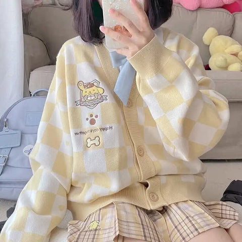 2023 Pink Girl Kawaii Plaid Cardigan Sweater Top Y2K Women Vintage Loose Knitted Sweater Korean Harajuku Streetwear 90S