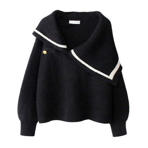 2023 Preppy Style Japanese Lolita Sweaters Women Lapel Collar Loose Black Pullover Y2K Ladies Long Sleeve Casual Kawaii Sweaters