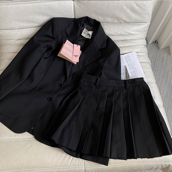 2023 SA Women 2 Piece Work Skirt Suit Black Pocket Lapel Single Breasted Long Sleeve Blazer Pleated Skirts Elegant Outfit Suits