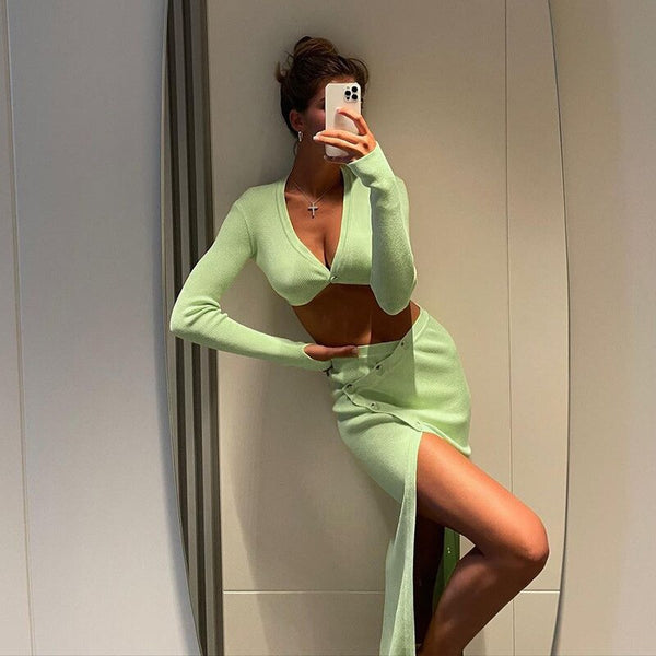 2023 Sexy Suits Women High Waist Sets Woman Elegant Office Lady Long Sleeve Knitted Party Evening Y2K Midi Dress Two Pieces