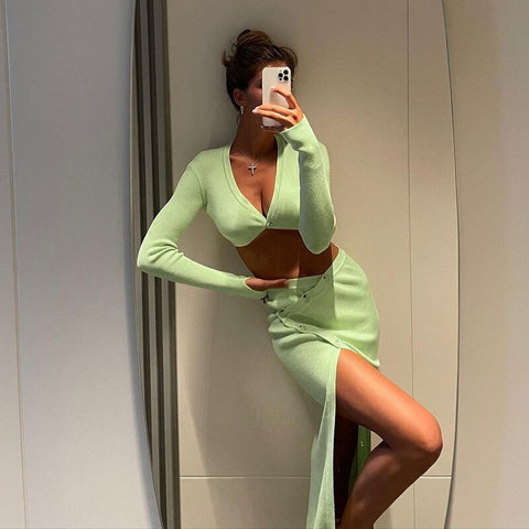 2023 Sexy Suits Women High Waist Sets Woman Elegant Office Lady Long Sleeve Knitted Party Evening Y2K Midi Dress Two Pieces