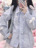 2023 Solid Blue Shirt Kawaii Women Sweet Lolita Blouses Long Sleeve Ruffles Patchwork Preppy Style Peter Pan Collar Female Tops